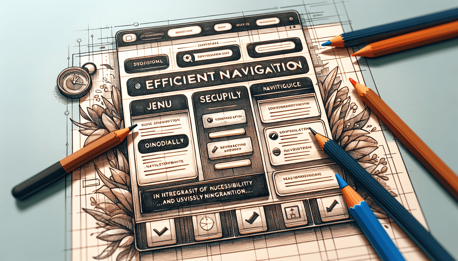 Sebuah gambar seni digital dari menu navigasi situs web dengan tombol berwarna-warni, melambangkan navigasi situs web yang efektif